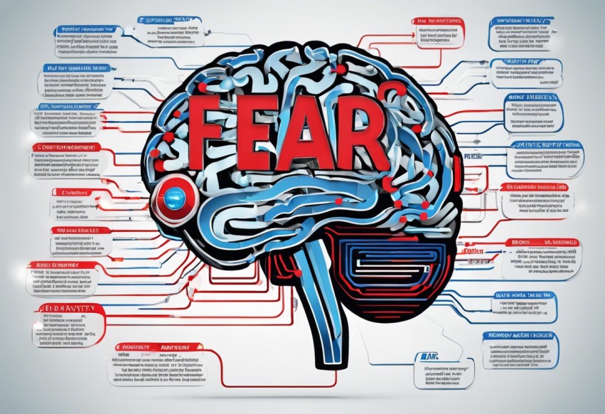 An internal graphic image of a human brain, with fear written on it