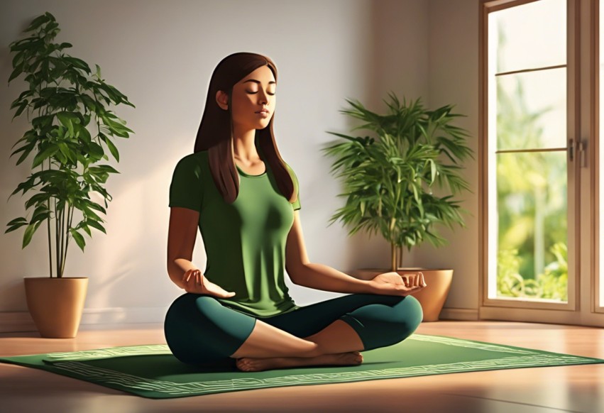 A woman is quietly practicing yoga, with sunlight reflecting on her from the window