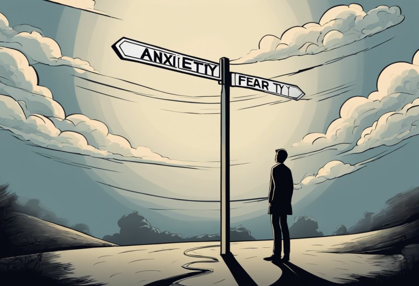 A man looks at a sign, the right side says Fear, the left side says Anxiety